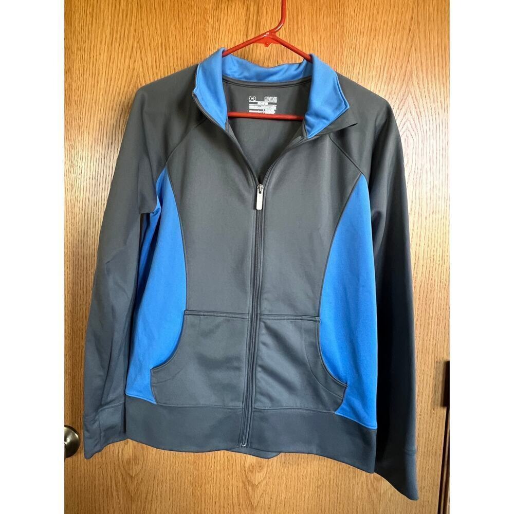Under Armour semi fitted full zip jacket, gray and blue, women's M